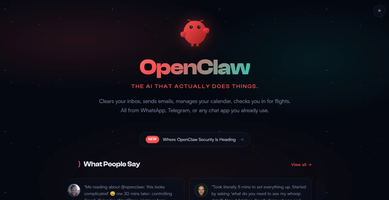 Screenshot of OpenClaw – An AI tool in the ,AI Workflow Management ,AI Productivity Tools ,AI Team Collaboration ,AI Notes Assistant  category, showcasing its interface and key features.
