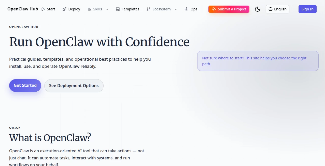 Screenshot of OpenClaw Hub – An AI tool in the ,AI Workflow Management ,AI No-Code & Low-Code ,AI Productivity Tools ,AI Developer Tools  category, showcasing its interface and key features.