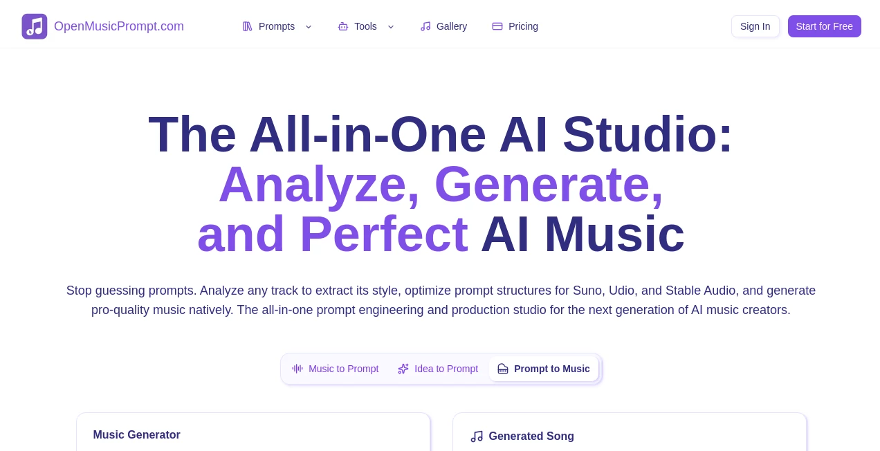 Screenshot of OpenMusicPrompt – An AI tool in the ,AI Text to Music ,AI Music Generator ,AI Voice & Audio Editing  category, showcasing its interface and key features.