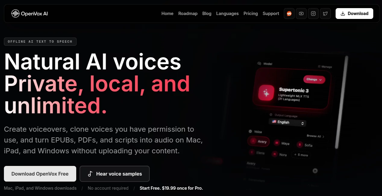 Screenshot of OpenVox – An AI tool in the ,AI Audio Enhancer ,AI Text to Speech ,AI Voice Cloning ,AI Speech Synthesis  category, showcasing its interface and key features.