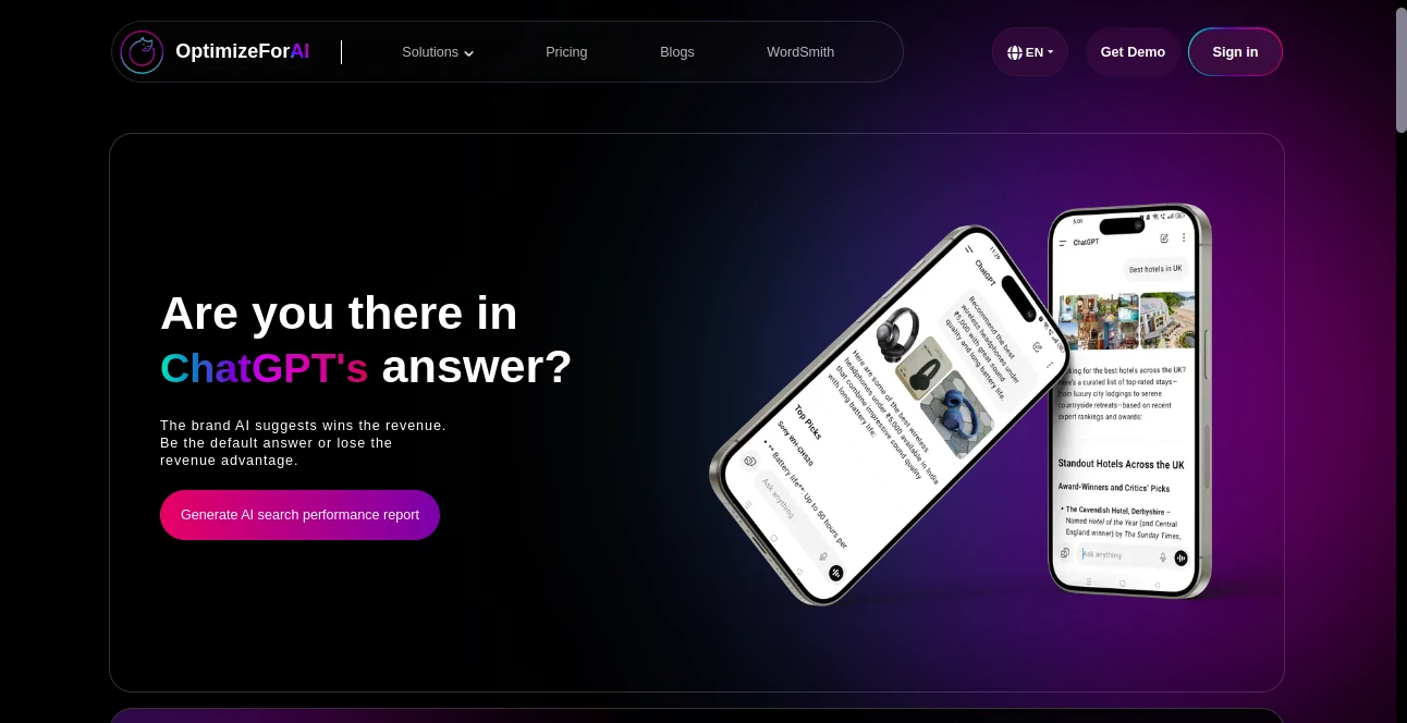 Screenshot of OptimizeForAI – An AI tool in the ,AI SEO Assistant ,AI Content Generator ,AI Research Tool ,AI Analytics Assistant  category, showcasing its interface and key features.