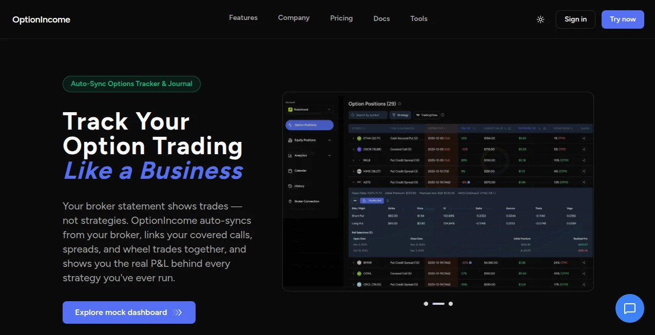 Screenshot of OptionIncome – An AI tool in the ,AI Investing Assistant ,AI Trading Bot Assistant  category, showcasing its interface and key features.