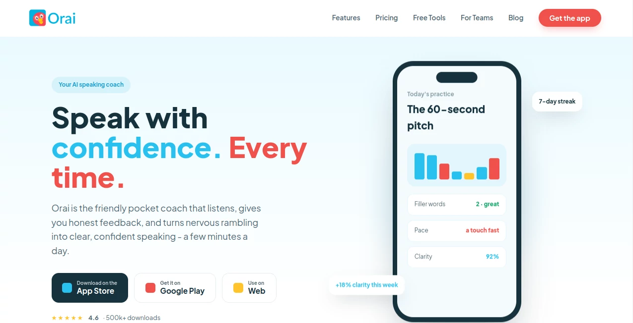 Screenshot of Orai – An AI tool in the ,AI Speech Recognition ,AI Speech to Text ,AI Voice Assistants  category, showcasing its interface and key features.
