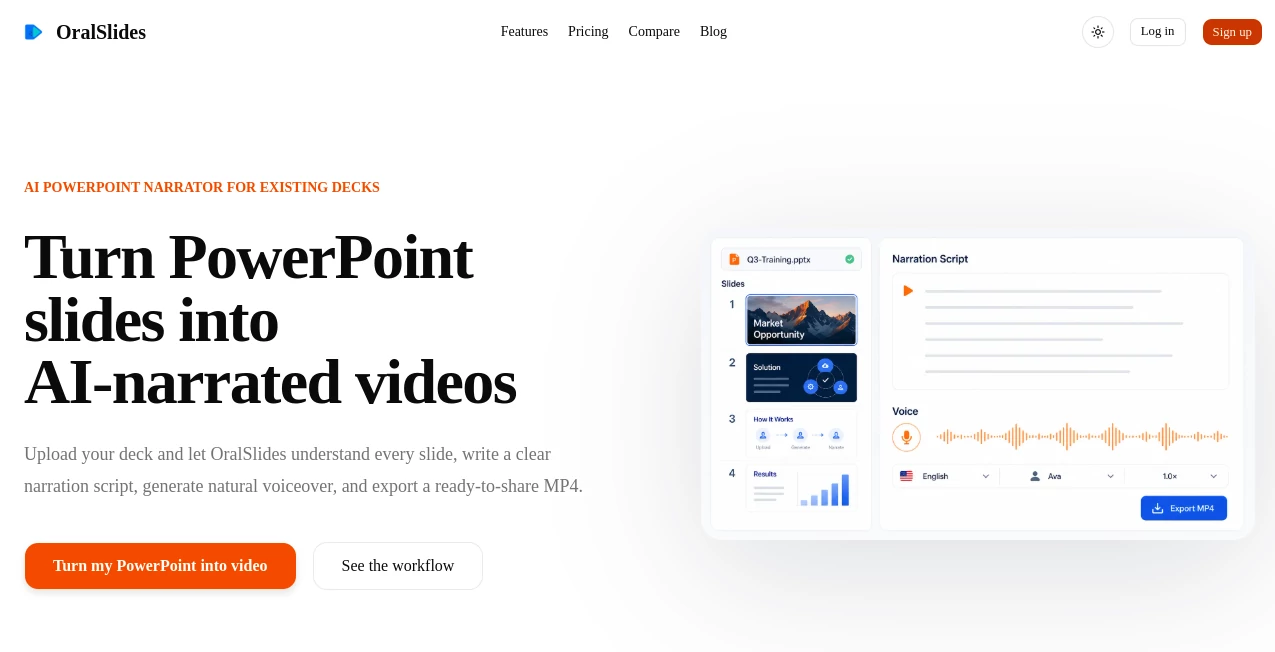 Screenshot of OralSlides – An AI tool in the ,AI Video Generator ,AI Text to Speech ,AI Presentation Generator ,AI Productivity Tools  category, showcasing its interface and key features.