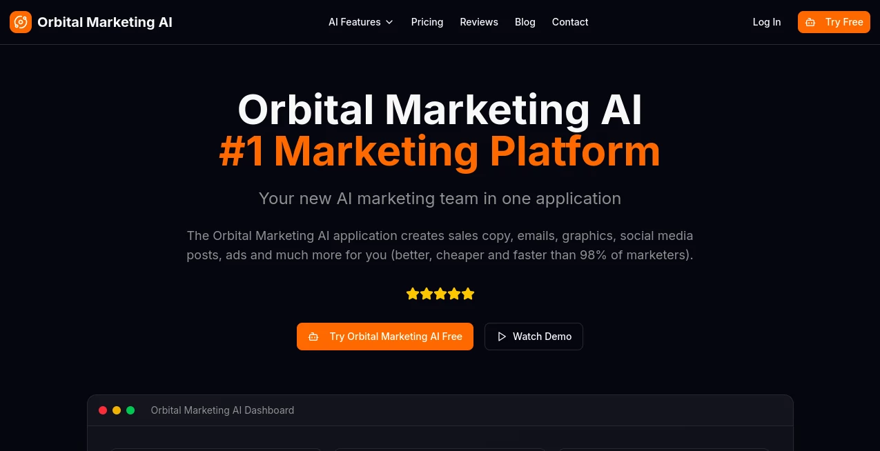 Screenshot of Orbital Marketing AI – An AI tool in the ,AI Content Generator ,AI Ad Generator ,AI Marketing Plan Generator ,AI Digital Marketing Generator  category, showcasing its interface and key features.