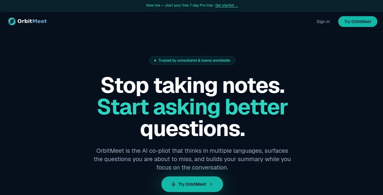 Screenshot of OrbitMeet – An AI tool in the ,AI Speech to Text ,AI Productivity Tools ,AI Team Collaboration ,AI Meeting Assistant  category, showcasing its interface and key features.