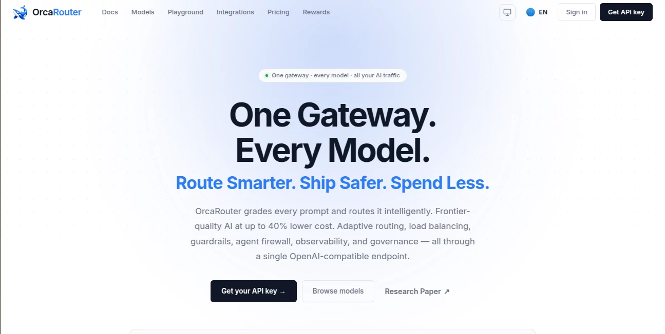 Screenshot of OrcaRouter – An AI tool in the ,AI API Design ,AI Developer Docs ,AI Developer Tools  category, showcasing its interface and key features.