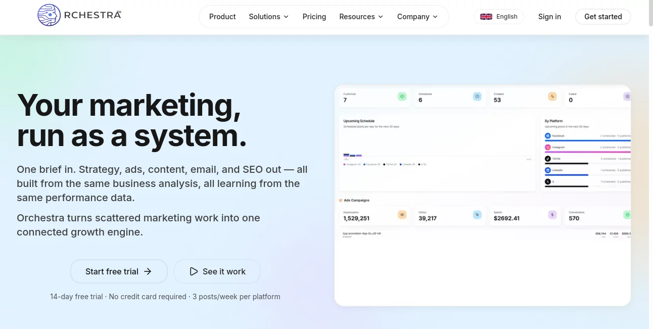 Screenshot of Orchestra – An AI tool in the ,AI SEO Assistant ,AI Ad Generator ,AI Marketing Plan Generator ,AI Digital Marketing Generator  category, showcasing its interface and key features.