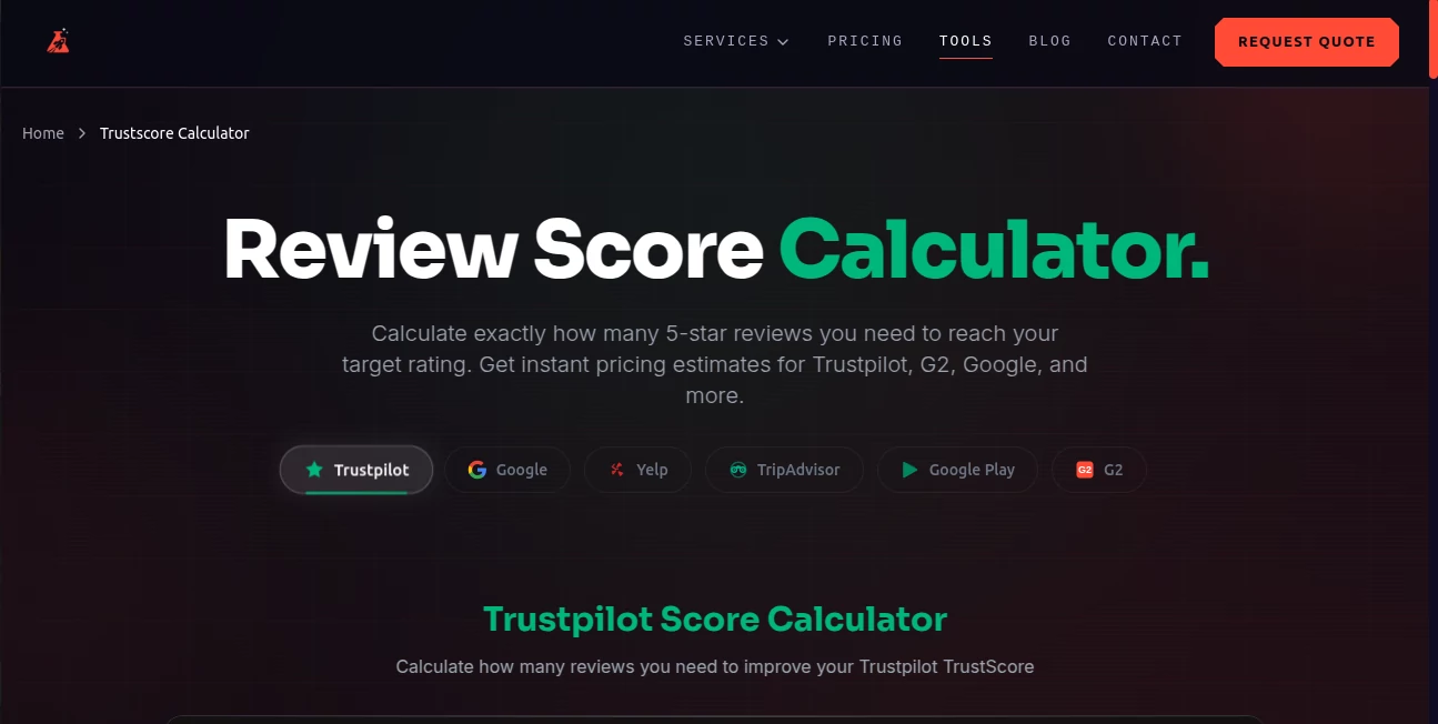 Screenshot of trustscore calculator – An AI tool in the ,AI SEO Assistant ,AI Business Ideas Generator ,AI Analytics Assistant  category, showcasing its interface and key features.