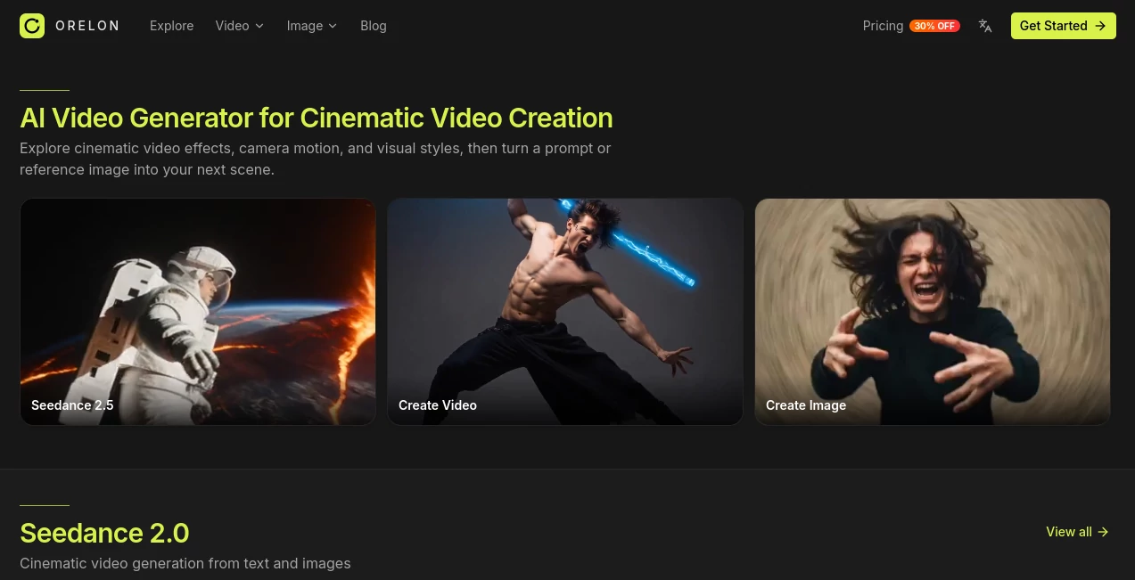 Screenshot of Orelon – An AI tool in the ,AI Image to Video ,AI Video Generator ,AI Advertising Assistant ,AI UGC Video Generator  category, showcasing its interface and key features.