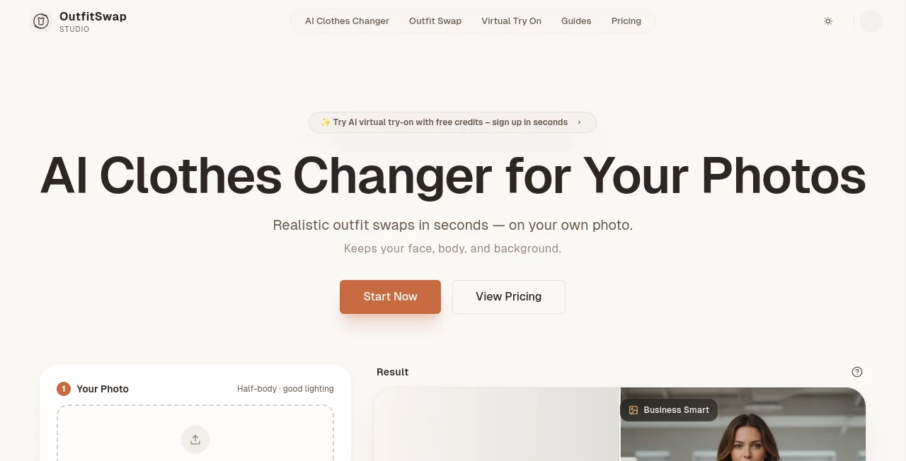 Screenshot of OutfitSwap Studio – An AI tool in the ,AI Photo & Image Generator ,AI Fun Tools ,Photo & Image Editor ,AI Image to Image  category, showcasing its interface and key features.