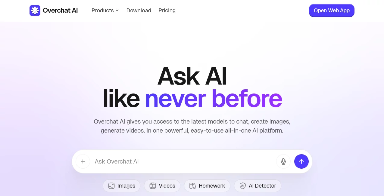 Screenshot of Overchat AI – An AI tool in the ,AI Writing Assistants ,AI Photo & Image Generator ,AI Video Generator ,AI Chatbot  category, showcasing its interface and key features.