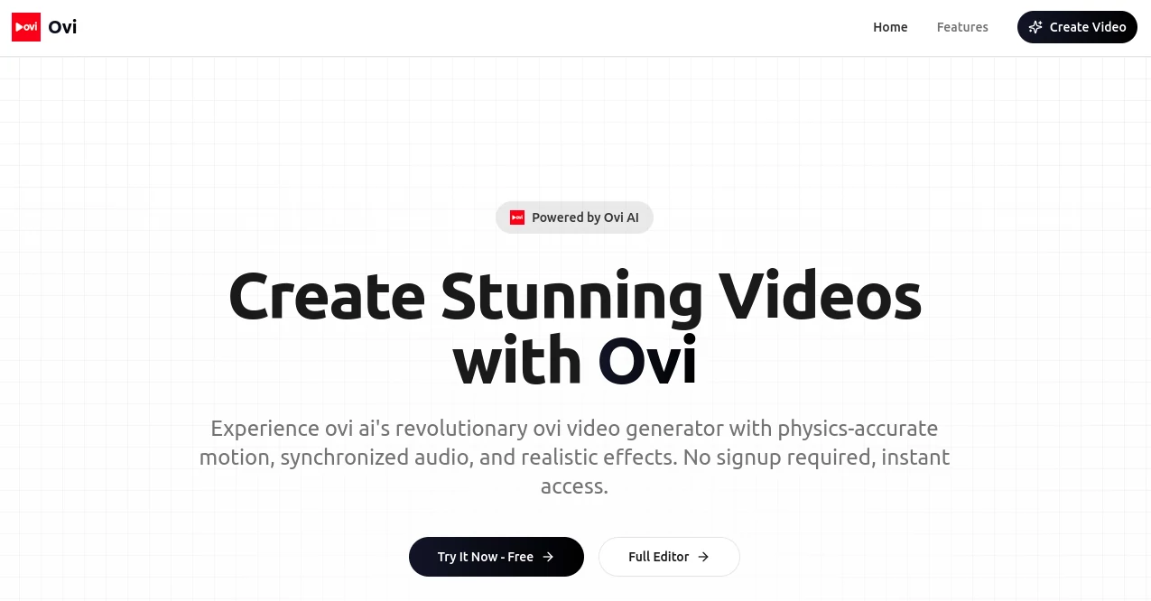 Screenshot of OVI Video Generator – An AI tool in the ,AI Animated Video ,AI Video Generator ,AI Short Clips Generator ,AI Text to Video  category, showcasing its interface and key features.