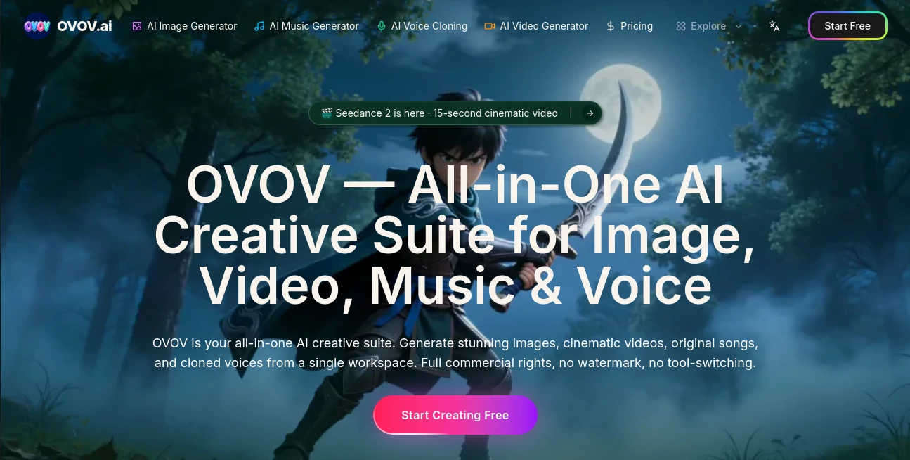 Screenshot of OVOV.ai – An AI tool in the ,AI Photo & Image Generator ,AI Video Generator ,AI Music Generator ,AI Voice Cloning  category, showcasing its interface and key features.
