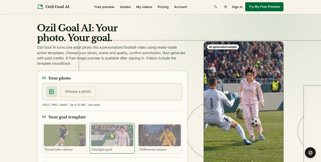 Screenshot of Ozil Goal AI – An AI tool in the ,AI Image to Video ,AI Personalized Video Generator ,AI Video Generator ,Video  category, showcasing its interface and key features.