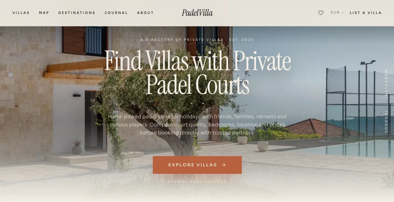 Screenshot of Padel Villa – An AI tool in the ,AI Trip Planner ,AI Life Assistant ,AI Fitness ,AI Sports  category, showcasing its interface and key features.