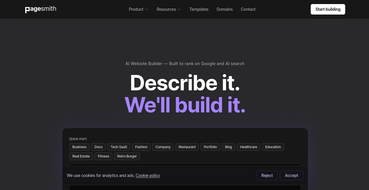 Screenshot of Pagesmith – An AI tool in the ,AI Landing Page Builder ,AI Website Builder ,AI No-Code & Low-Code ,AI Design Assistant  category, showcasing its interface and key features.