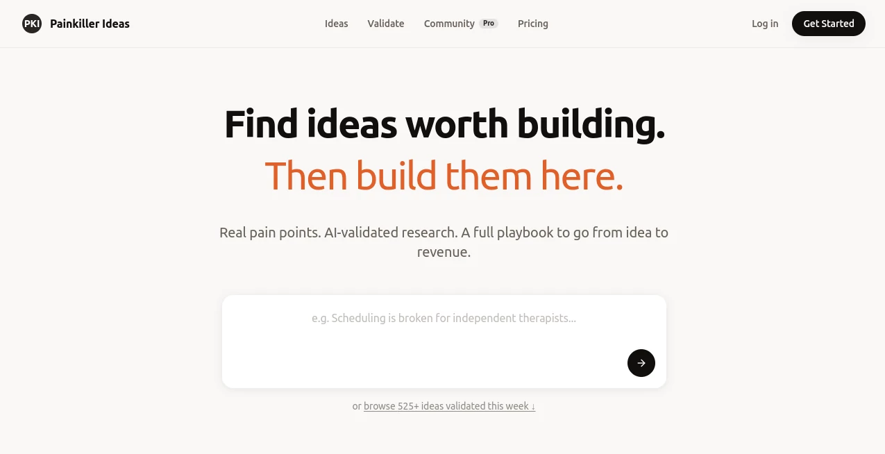 Screenshot of Painkiller Ideas – An AI tool in the ,AI Research Tool ,AI Business Ideas Generator ,AI Analytics Assistant ,AI Marketing Plan Generator  category, showcasing its interface and key features.