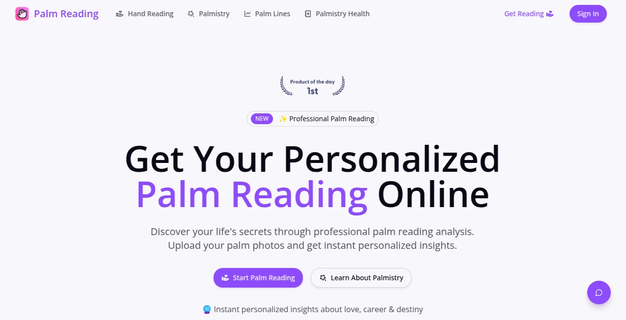 Screenshot of Palm Reading – An AI tool in the ,AI Image Recognition ,AI Life Assistant ,AI Fun Tools  category, showcasing its interface and key features.