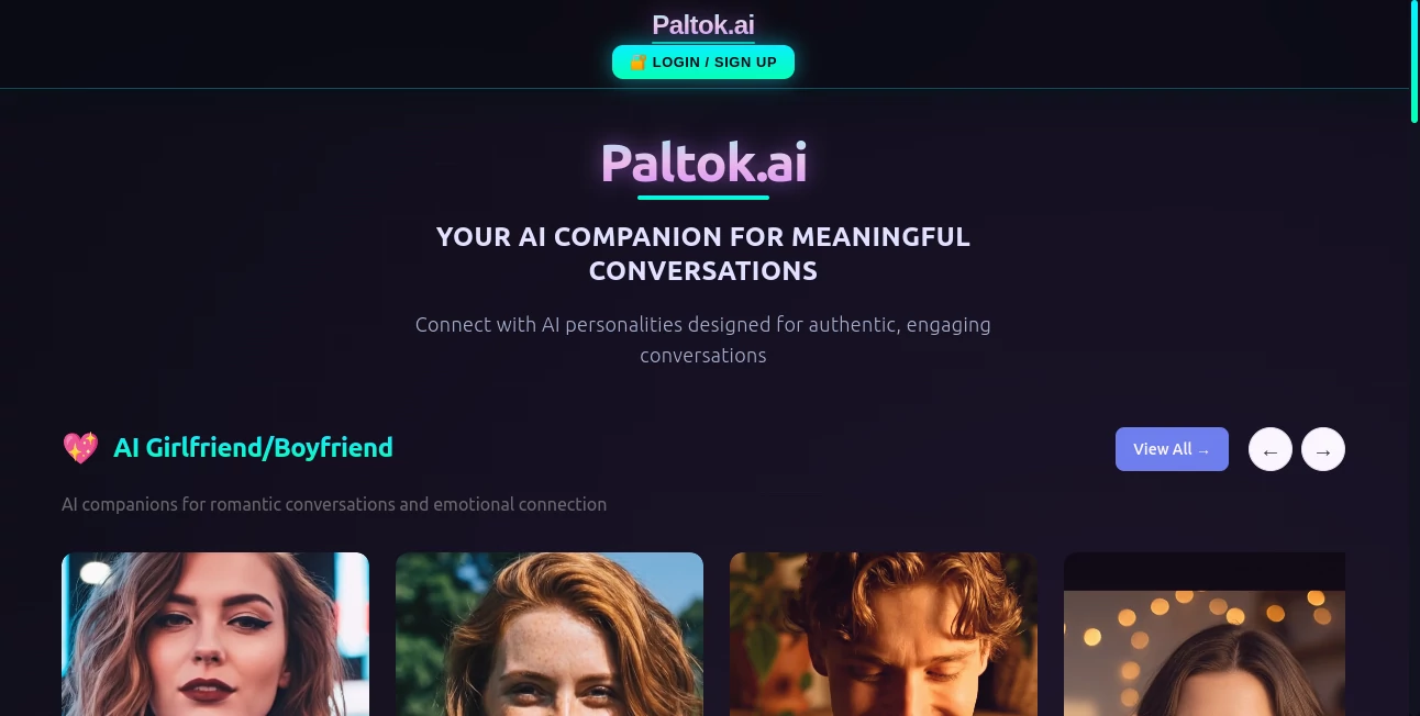 Screenshot of Paltok.ai – An AI tool in the ,AI Life Assistant ,AI Fun Tools ,AI Chatbot ,AI Girlfriend  category, showcasing its interface and key features.