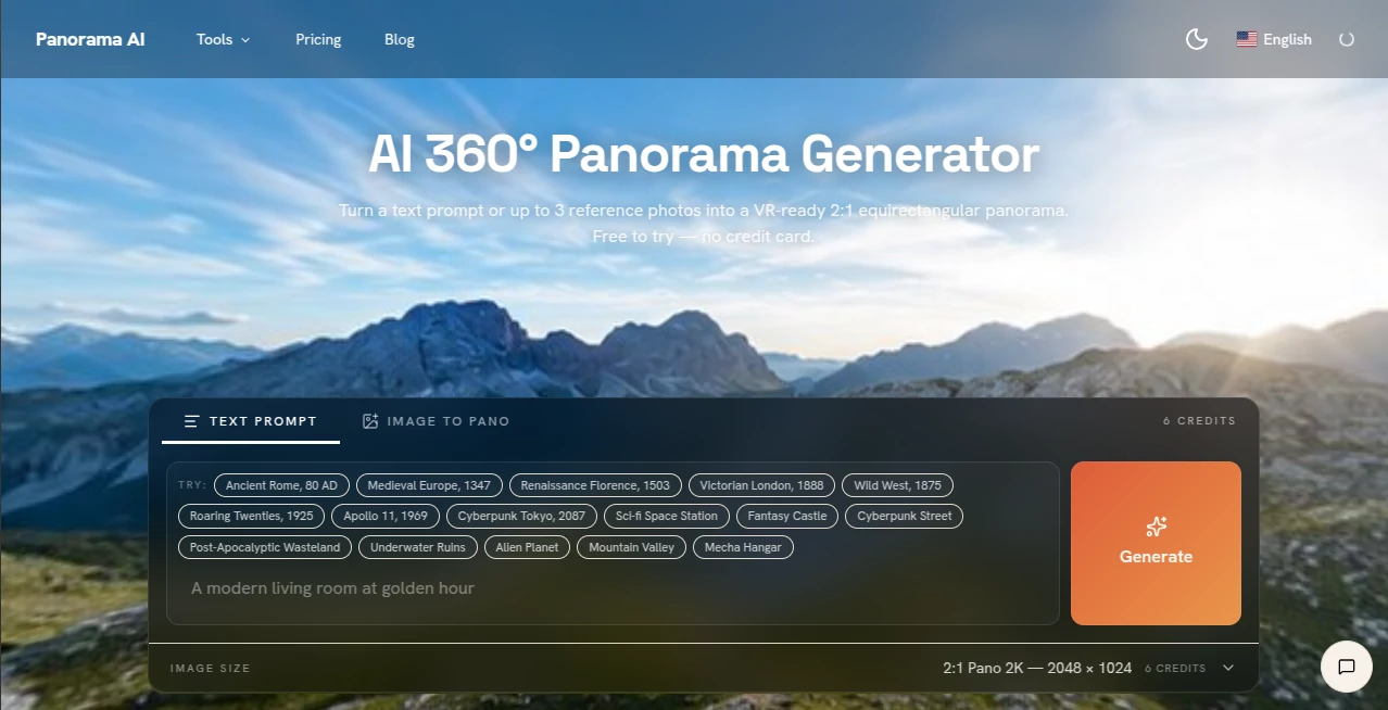 Screenshot of PanoramaGenerator – An AI tool in the ,AI Photo & Image Generator ,AI Image to Image ,AI Design Generator ,AI Image to 3D Model  category, showcasing its interface and key features.