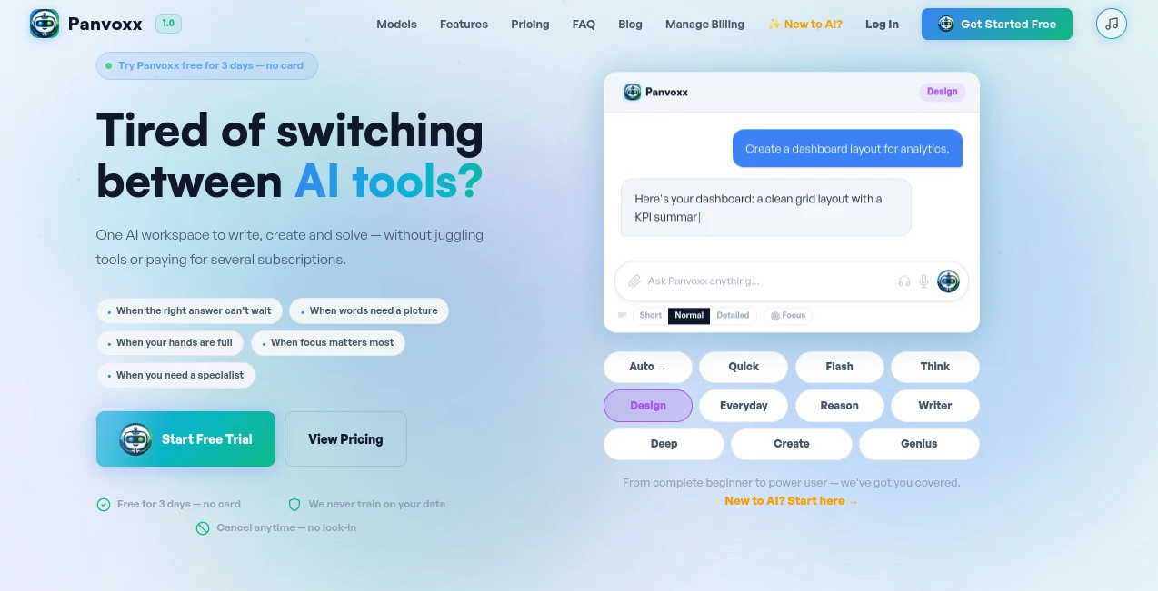 Screenshot of Panvoxx – An AI tool in the ,AI Writing Assistants ,AI Photo & Image Generator ,AI Chatbot ,AI Productivity Tools  category, showcasing its interface and key features.