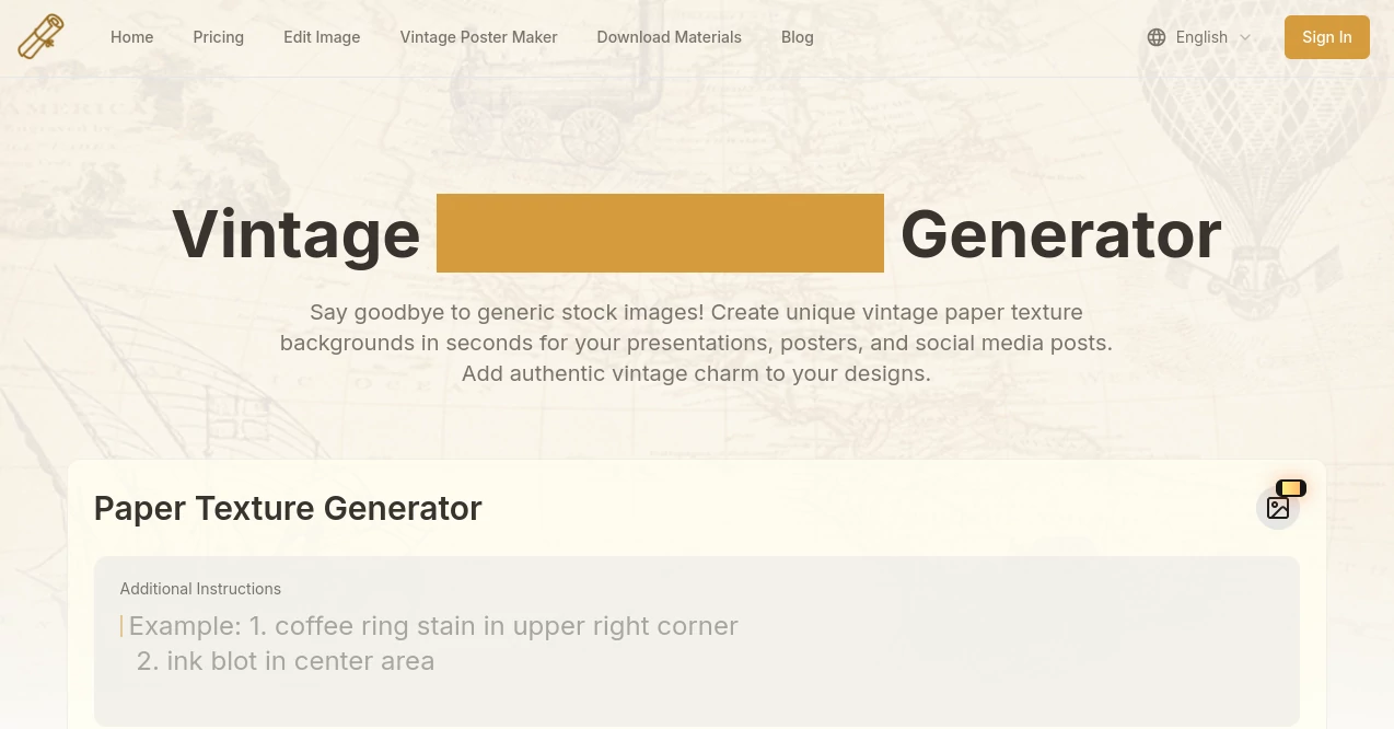 Screenshot of Vintage Paper Texture Generator – An AI tool in the ,AI Photo & Image Generator ,AI Background Generator ,AI Pattern Generator ,AI Art Generator  category, showcasing its interface and key features.