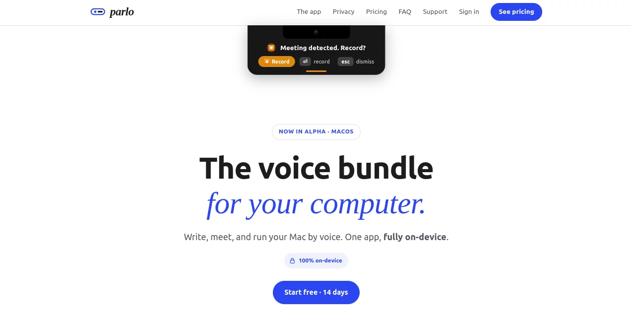Screenshot of Parlo – An AI tool in the ,AI Meeting Assistant ,AI Transcription ,AI Speech to Text ,AI Voice Assistants  category, showcasing its interface and key features.
