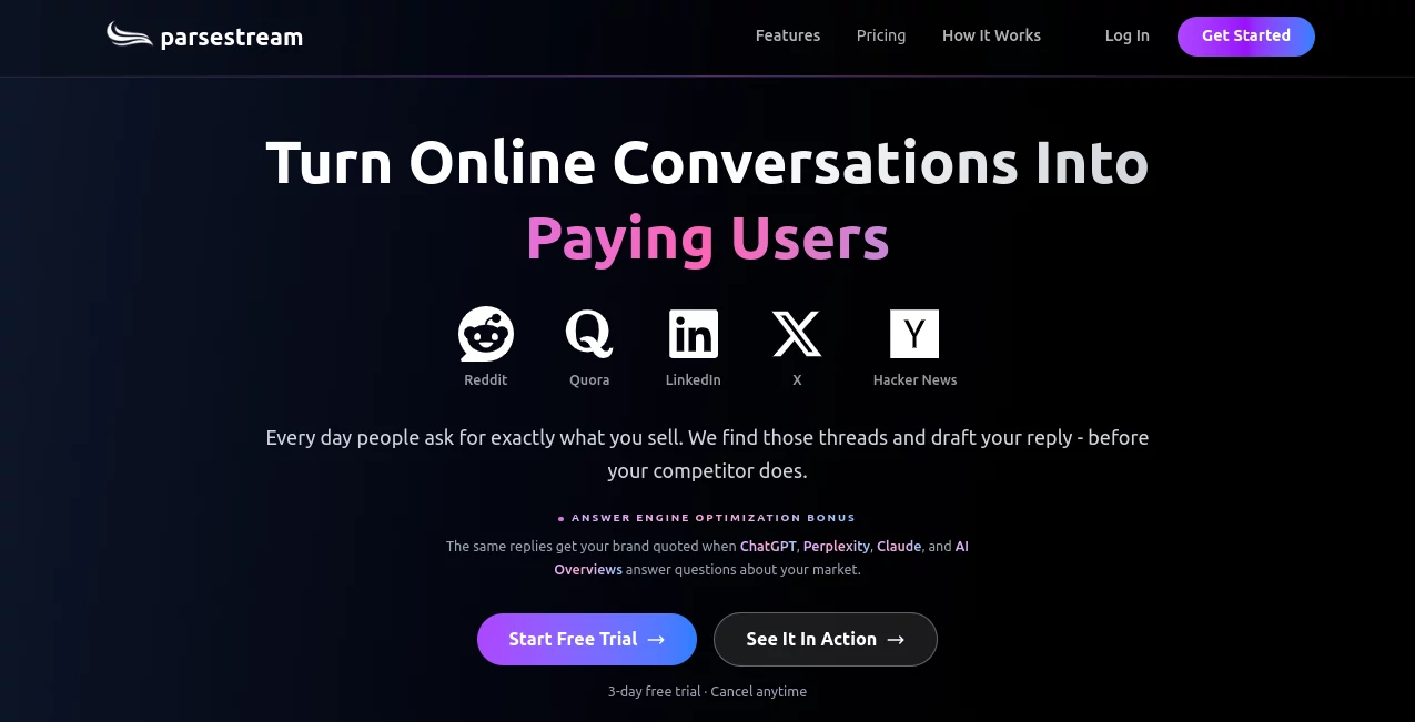 Screenshot of Parsestream – An AI tool in the ,AI Lead Generation ,AI Marketing Plan Generator ,AI Social Media Assistant ,AI Response Generator  category, showcasing its interface and key features.