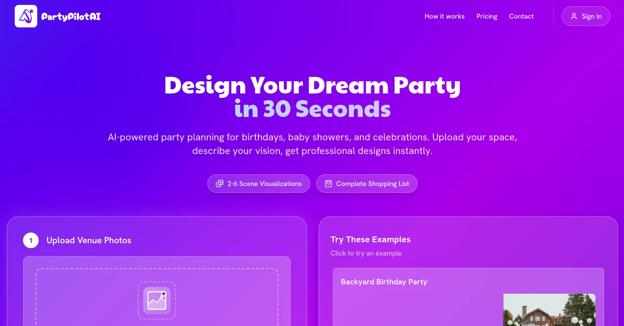 Screenshot of PartyPilotAI – An AI tool in the ,AI Life Assistant ,AI Design Generator ,AI Interior & Room Design ,AI Trip Planner  category, showcasing its interface and key features.