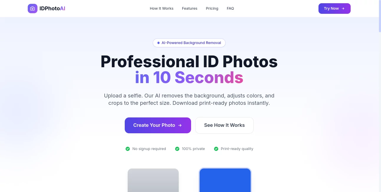 Screenshot of IDPhotoAI – An AI tool in the ,AI Background Remover ,Photo & Image Editor ,AI Selfie & Portrait ,AI Photography  category, showcasing its interface and key features.