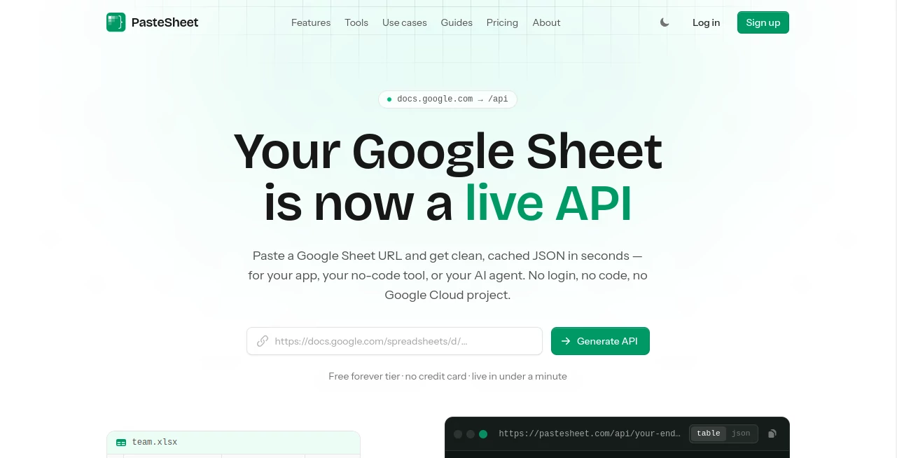 Screenshot of PasteSheet – An AI tool in the ,AI No-Code & Low-Code ,AI API Design ,AI Developer Tools ,AI Spreadsheet  category, showcasing its interface and key features.