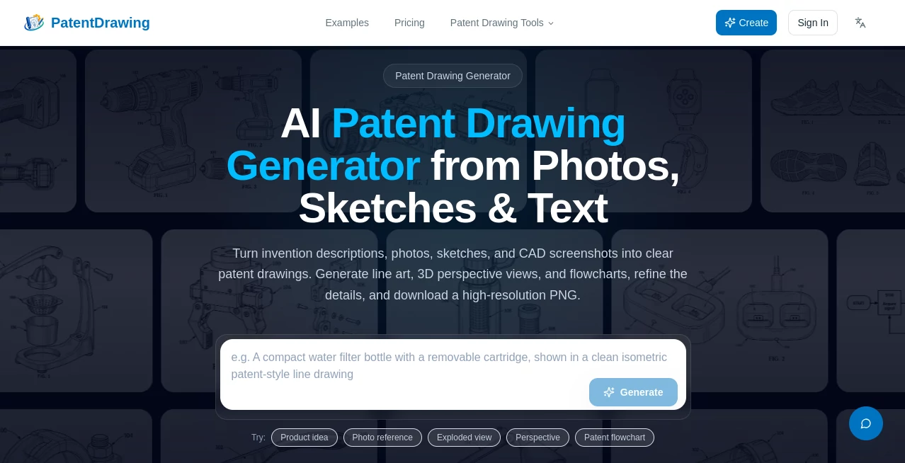 Screenshot of AI Patent Drawing Generator – An AI tool in the ,Productivity  category, showcasing its interface and key features.