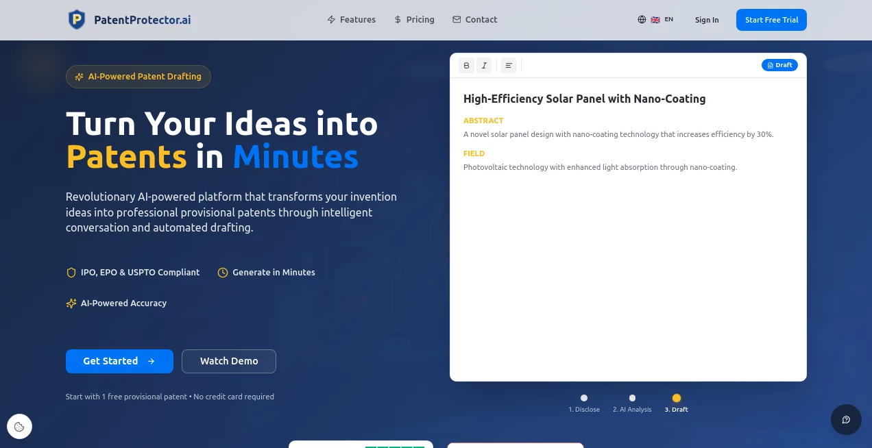 Screenshot of PatentProtector.ai – An AI tool in the ,AI Writing Assistants ,AI Research Tool ,AI Legal Assistant  category, showcasing its interface and key features.