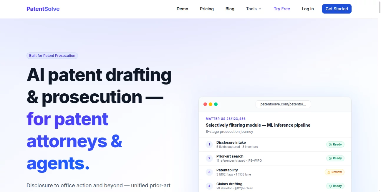 Screenshot of PatentSolve – An AI tool in the ,AI Research Tool ,AI Legal Assistant ,AI Productivity Tools ,AI Documents Assistant  category, showcasing its interface and key features.