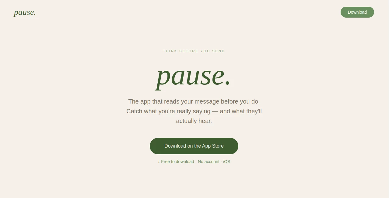 Screenshot of Pause. – An AI tool in the ,AI Writing Assistants ,AI Reply Assistant ,AI Email Assistant ,AI Productivity Tools  category, showcasing its interface and key features.