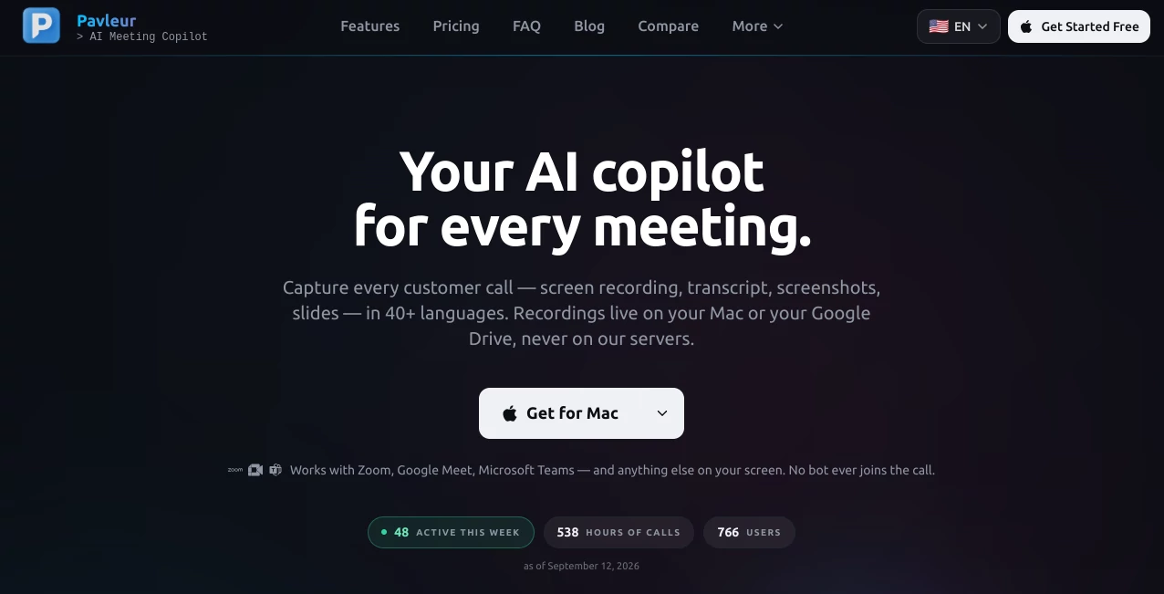 Screenshot of Pavleur – An AI tool in the ,AI Recording ,AI Productivity Tools ,AI Transcription ,AI Meeting Assistant  category, showcasing its interface and key features.