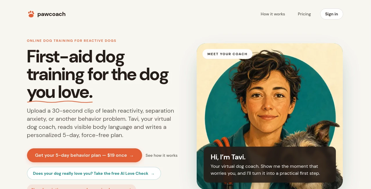 Screenshot of PawCoach – An AI tool in the ,AI Life Assistant ,AI Chatbot  category, showcasing its interface and key features.