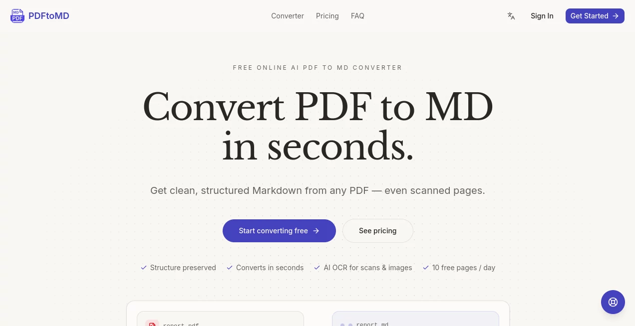 Screenshot of PDFtoMD – An AI tool in the ,AI PDF ,AI Productivity Tools ,AI Document Extraction ,AI Documents Assistant  category, showcasing its interface and key features.