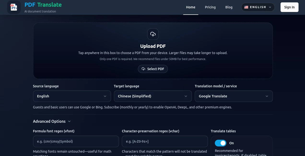 Screenshot of PDF Translate – An AI tool in the ,AI Documents Assistant ,AI PDF ,AI Translate ,AI Content Generator  category, showcasing its interface and key features.