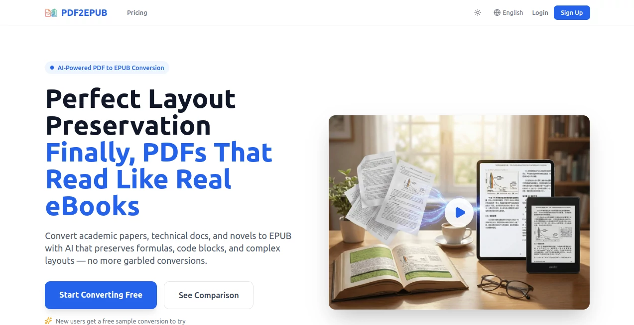Screenshot of PDF2EPUB – An AI tool in the ,AI PDF ,AI Productivity Tools ,AI Document Extraction ,AI Documents Assistant  category, showcasing its interface and key features.