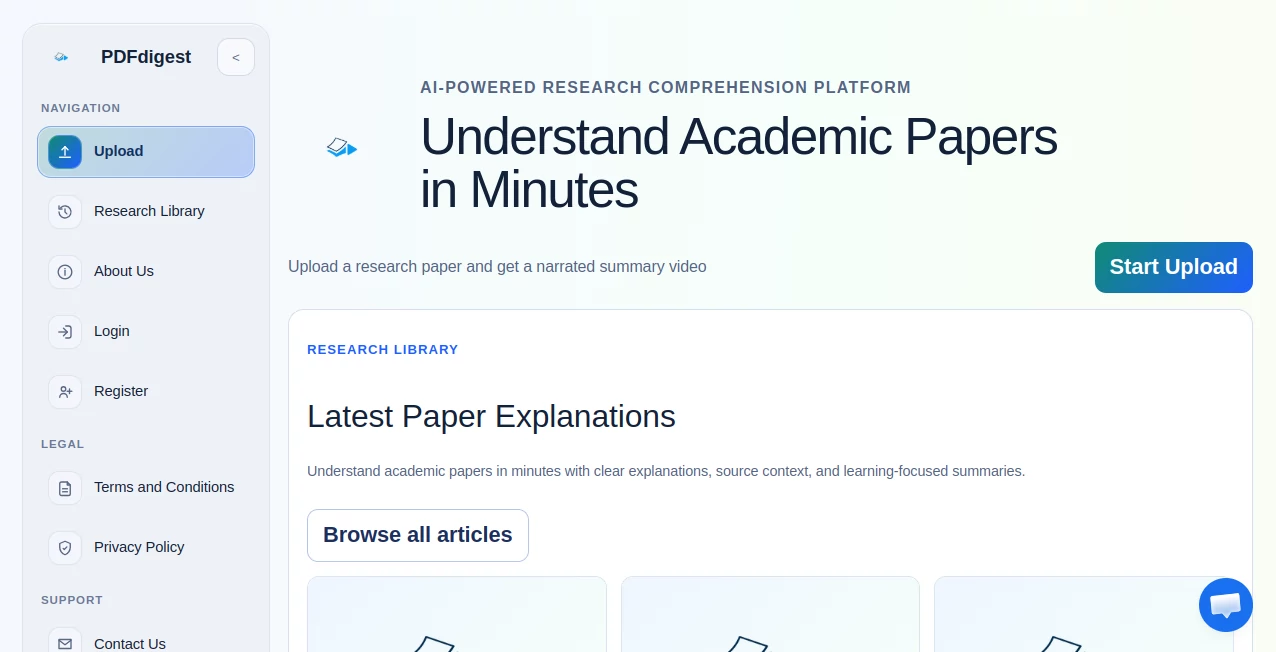 Screenshot of PDFdigest – An AI tool in the ,AI Summarizer ,AI Research Tool ,AI Education Assistant ,AI PDF  category, showcasing its interface and key features.