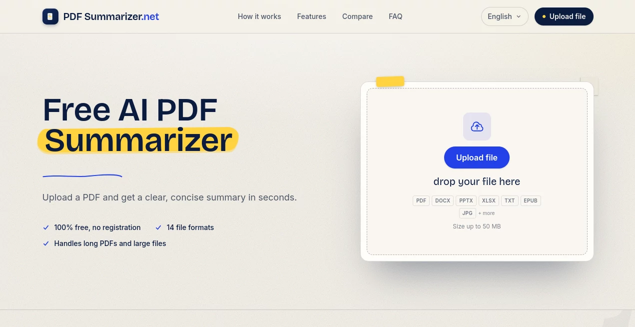 Screenshot of PDF Summarizer.net – An AI tool in the ,AI Summarizer ,AI PDF ,AI Productivity Tools ,AI Documents Assistant  category, showcasing its interface and key features.