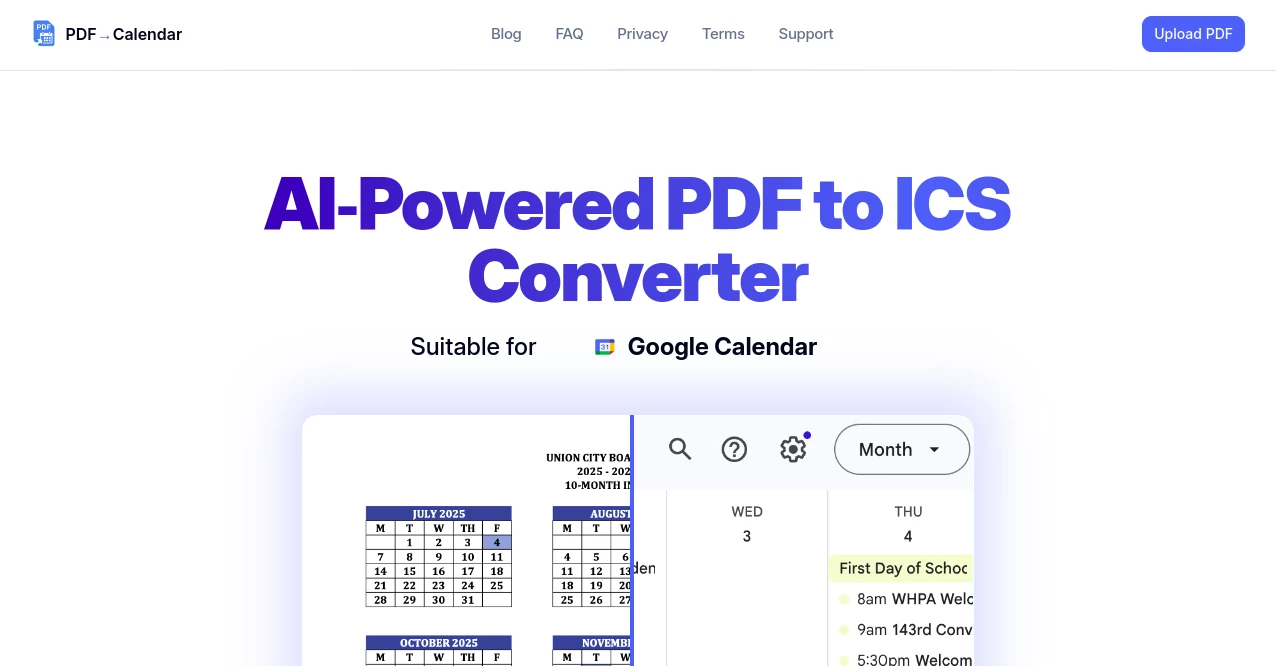 Screenshot of PDF to Calendar – An AI tool in the ,AI PDF ,AI Scheduling ,AI Task Management ,AI Productivity Tools  category, showcasing its interface and key features.