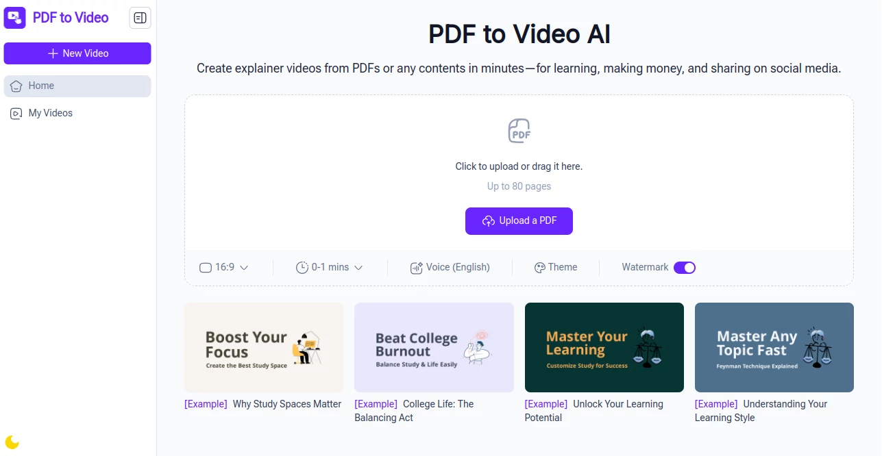 Screenshot of PDF to Video AI – An AI tool in the ,AI Video Generator ,AI Text to Video  category, showcasing its interface and key features.