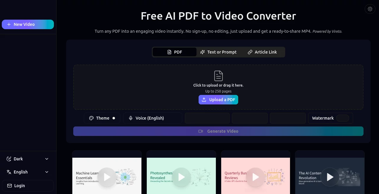 Screenshot of PDF to Video – An AI tool in the ,AI Documents Assistant ,AI Content Generator ,AI Video Generator ,AI Text to Video  category, showcasing its interface and key features.