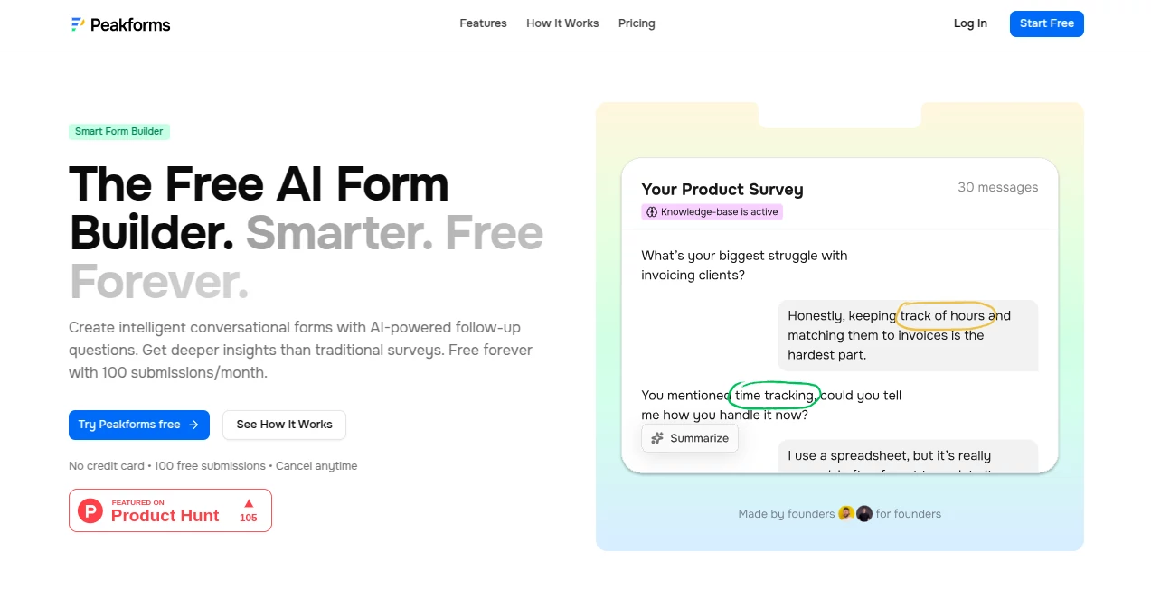 Screenshot of Peakforms – An AI tool in the ,AI Customer Service Assistant ,AI Forms & Surveys ,AI Knowledge Base ,AI Analytics Assistant  category, showcasing its interface and key features.