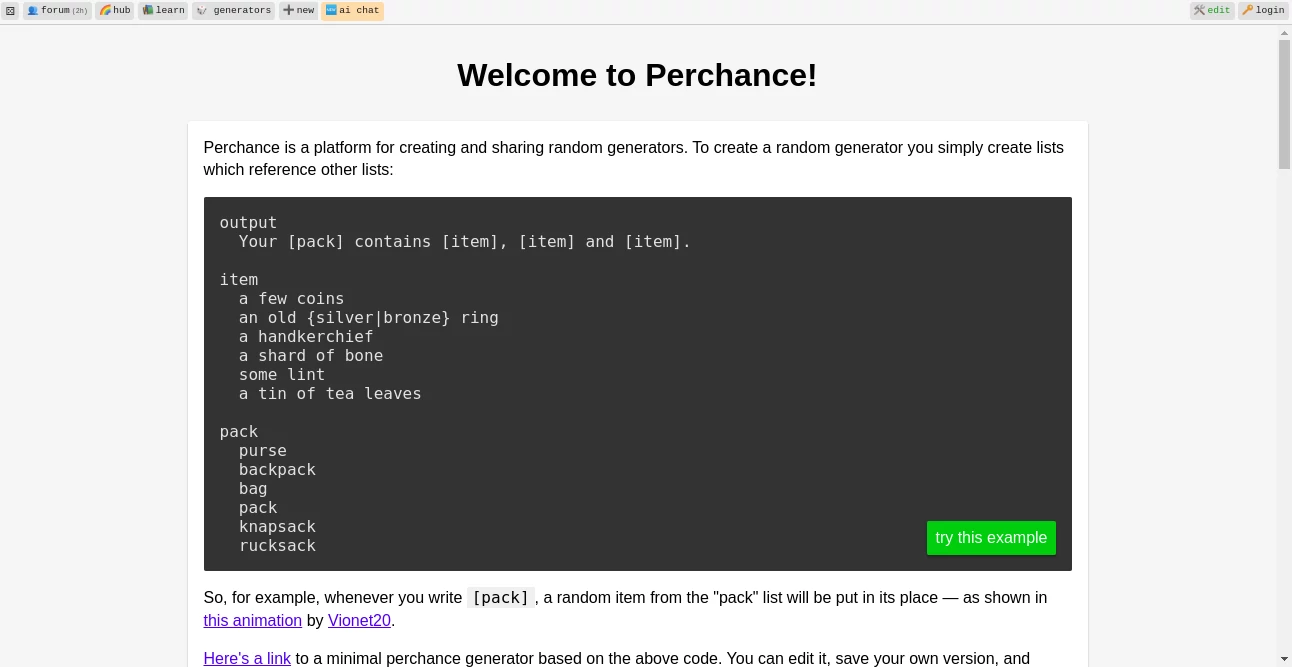 Screenshot of Perchance AI – An AI tool in the ,AI No-Code & Low-Code  category, showcasing its interface and key features.
