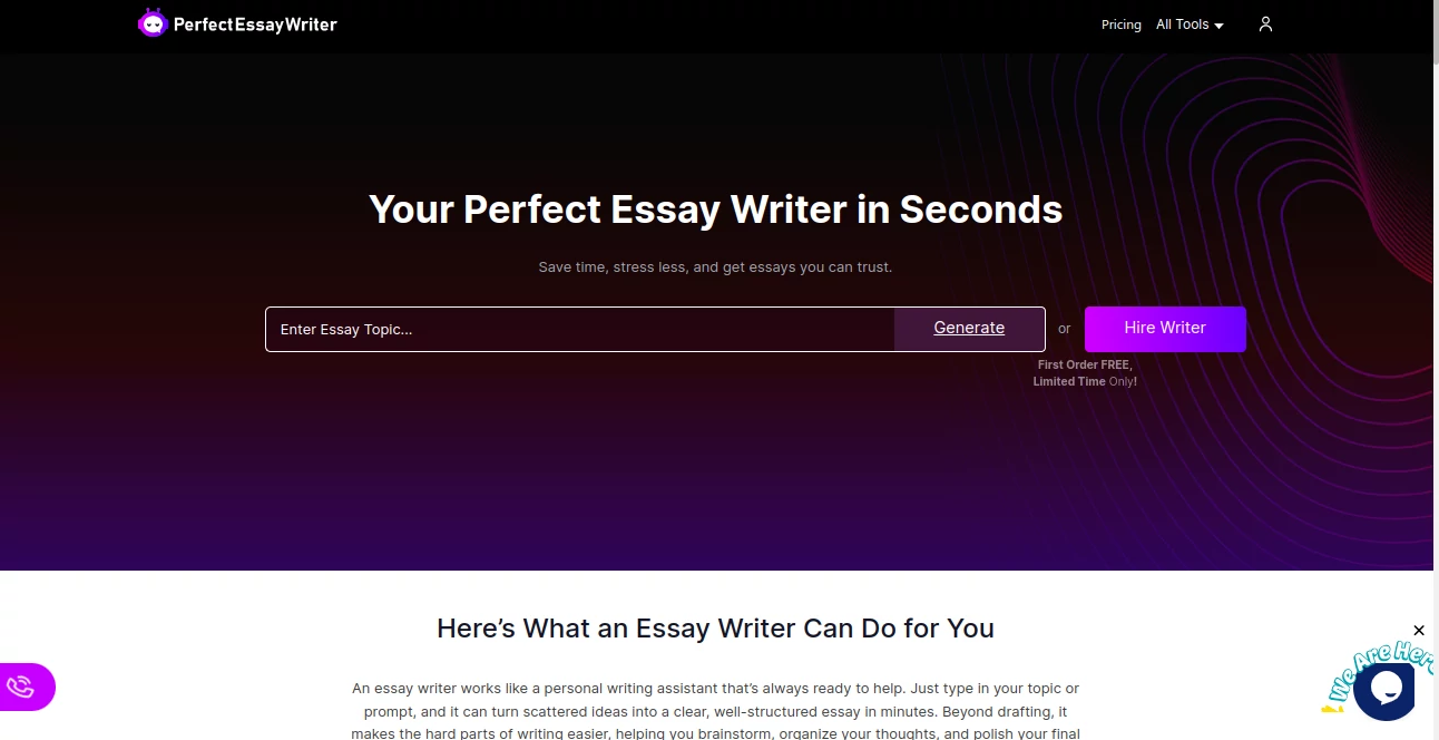 Screenshot of PerfectEssayWriter AI – An AI tool in the ,AI Essay Writer ,AI Plagiarism Checker ,AI Grammar Checker ,AI Writing Assistants  category, showcasing its interface and key features.