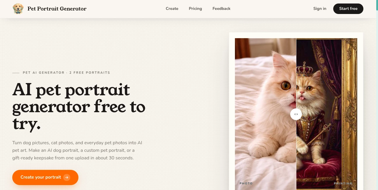 Screenshot of Pet Portrait Generator – An AI tool in the ,AI Photo & Image Generator ,AI Illustration Generator ,AI Avatar Generator ,AI Art Generator  category, showcasing its interface and key features.